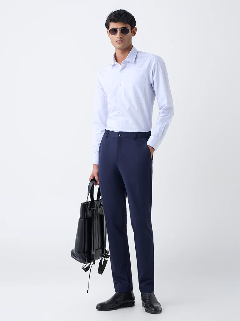 WES Formals Light Grey Checkered Slim-Fit Cotton Shirt - Image 3