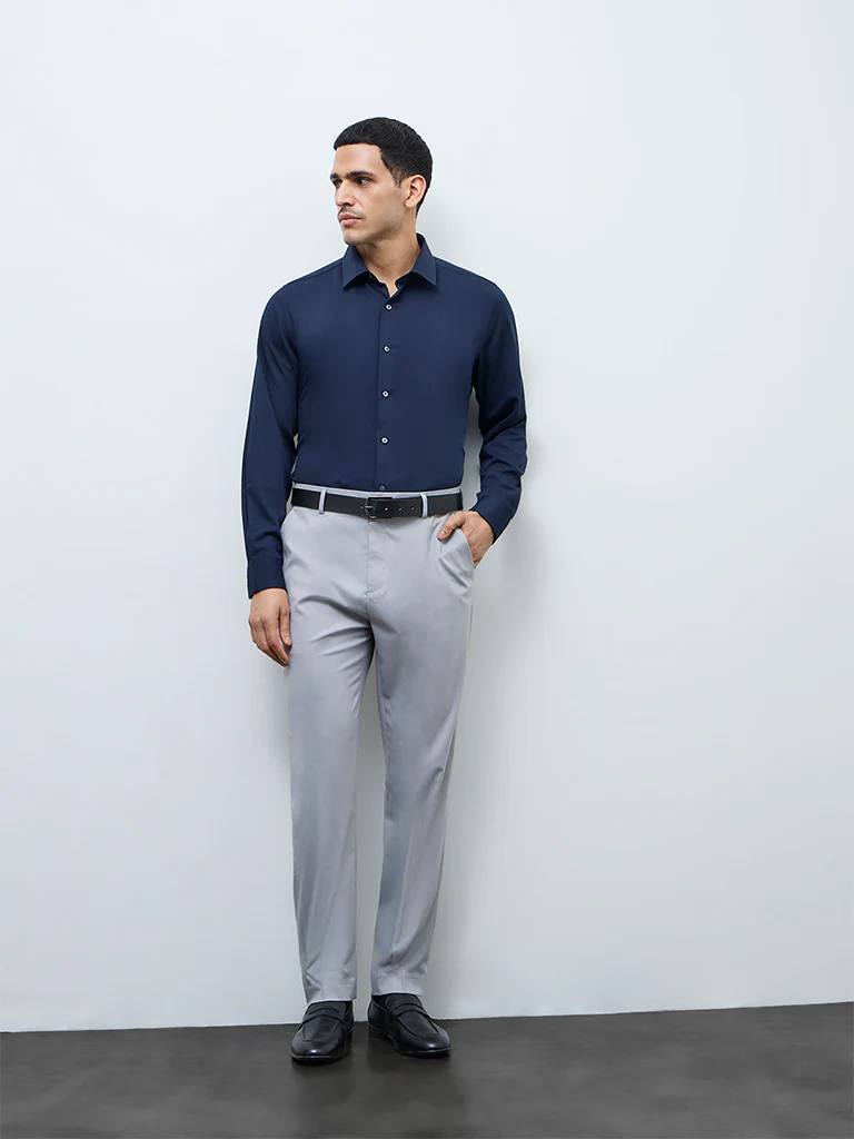 WES Formals Light Grey Relaxed-Fit Mid-Rise Trousers