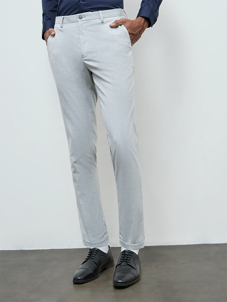 WES Formals Light Grey Slim-Fit Mid-Rise Trousers - Image 2