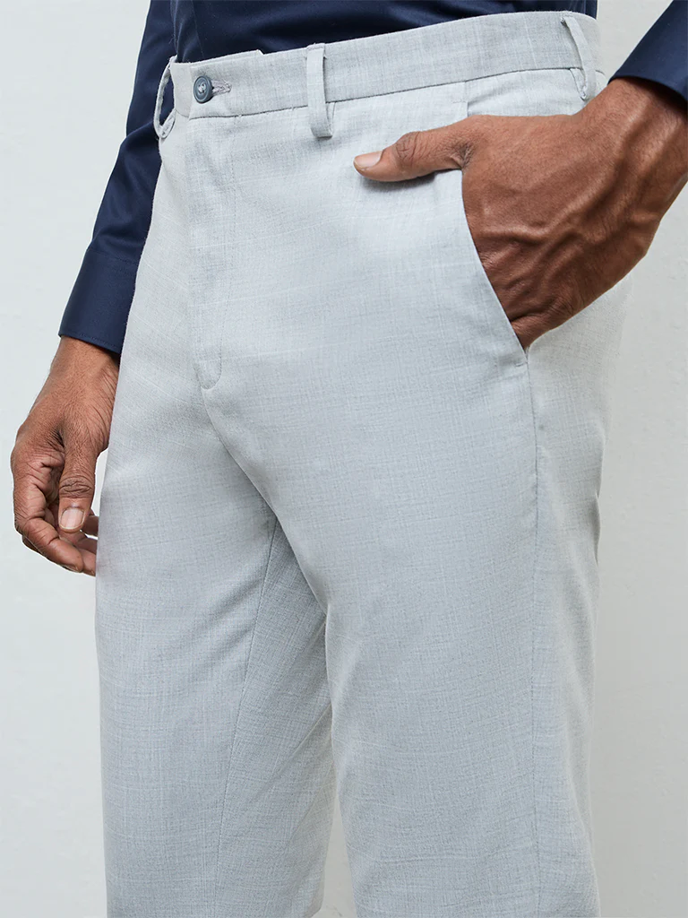 WES Formals Light Grey Slim-Fit Mid-Rise Trousers - Image 3