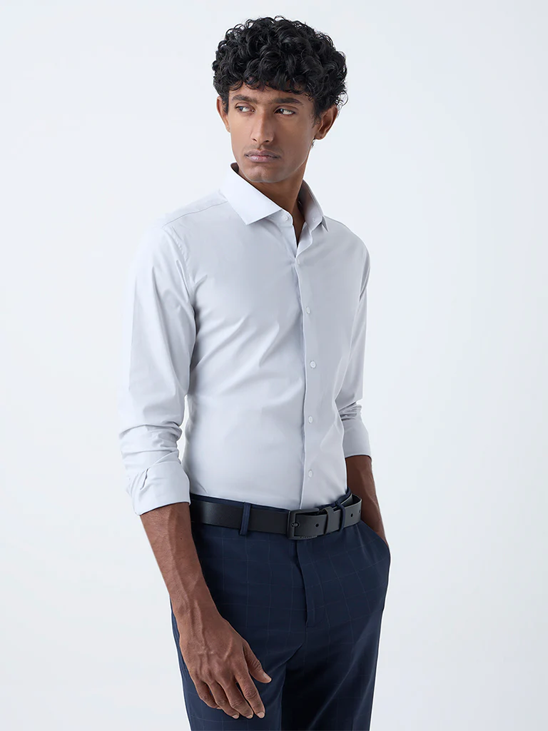 WES Formals Light Grey Ultra Slim-Fit Cotton-Blend Shirt