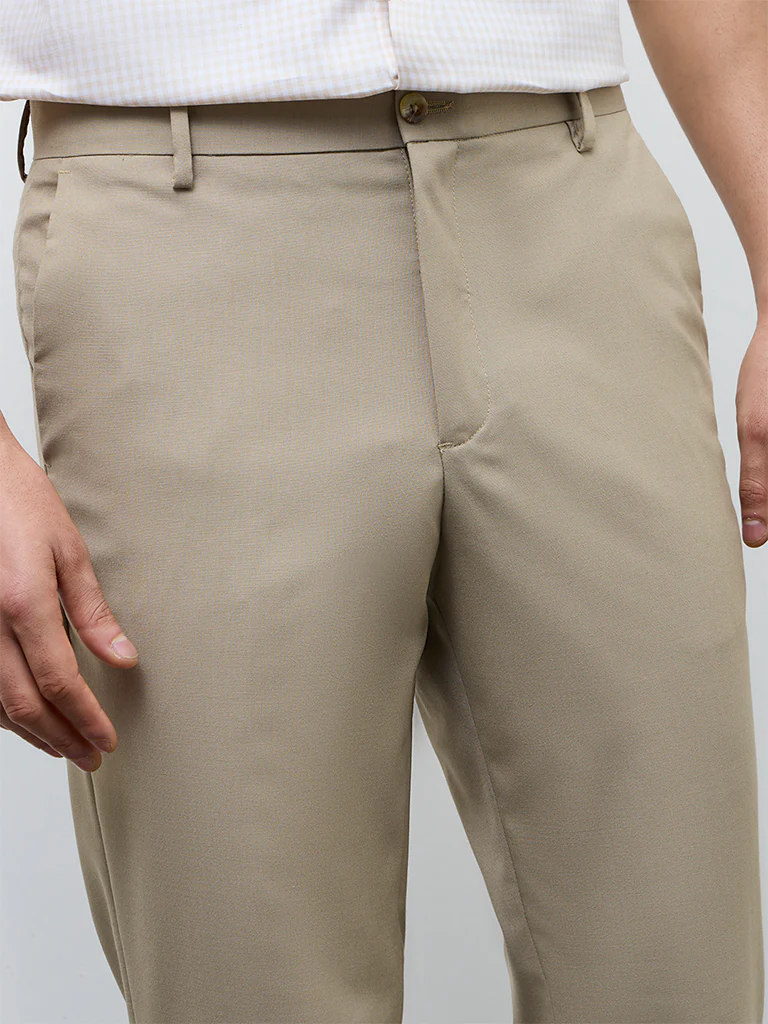 WES Formals Light Khaki Relaxed-Fit Mid-Rise Trousers - Image 4