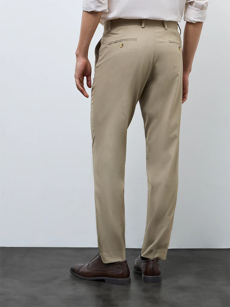 WES Formals Light Khaki Relaxed-Fit Mid-Rise Trousers - Image 5