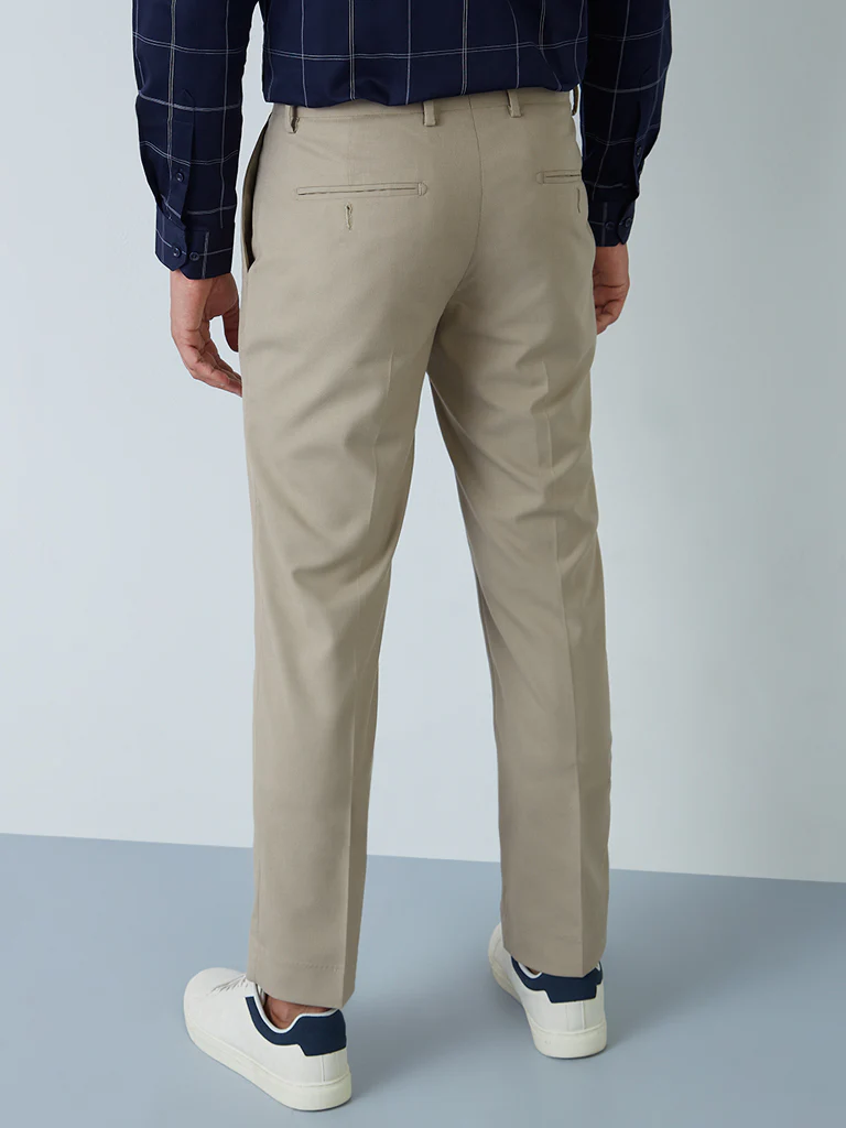 WES Formals Light Khaki Slim-Fit Mid-Rise Trousers - Image 5