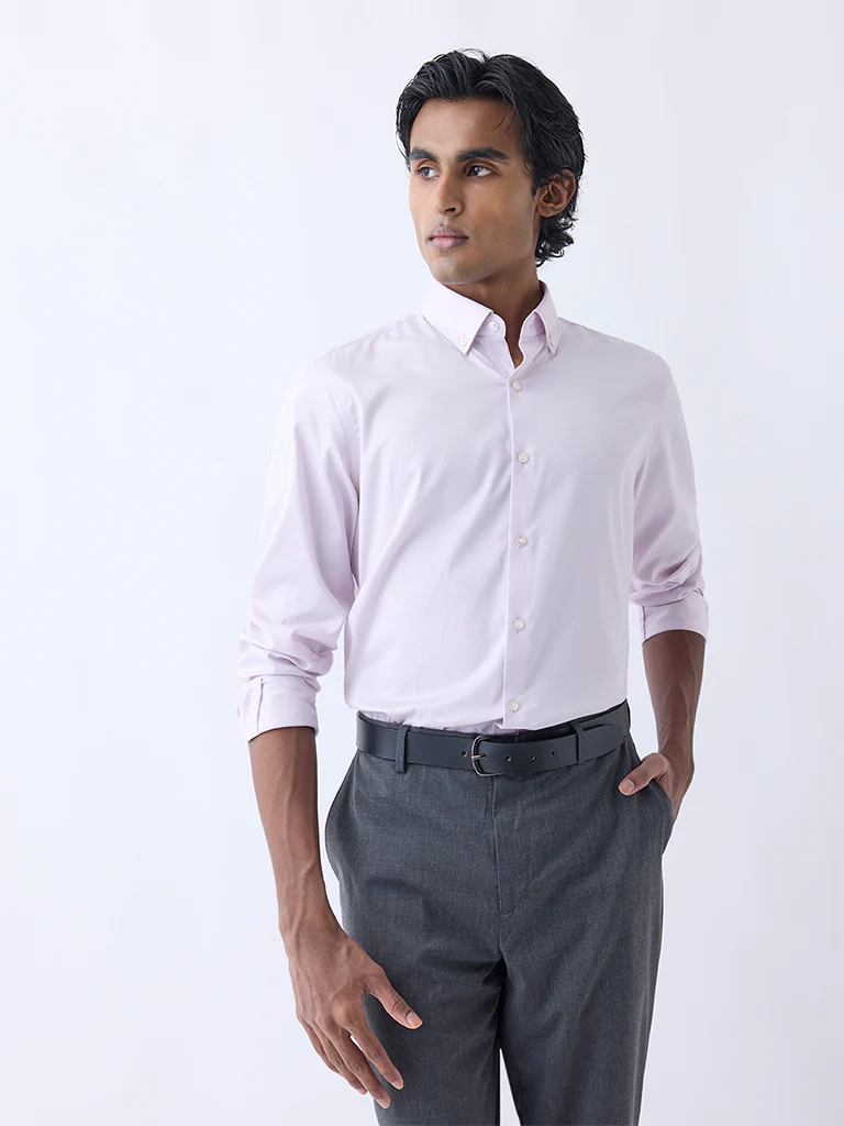 WES Formals Light Pink Slim-Fit Cotton-Blend Shirt