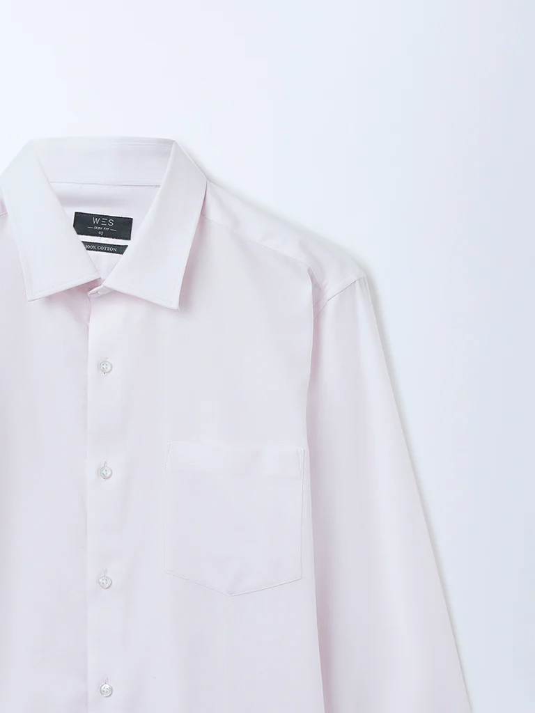 WES Formals Light Pink Solid Slim-Fit Cotton Shirt - Image 3