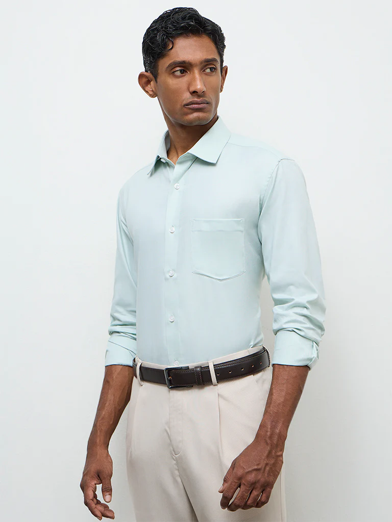 WES Formals Mint Slim-Fit Cotton Shirt