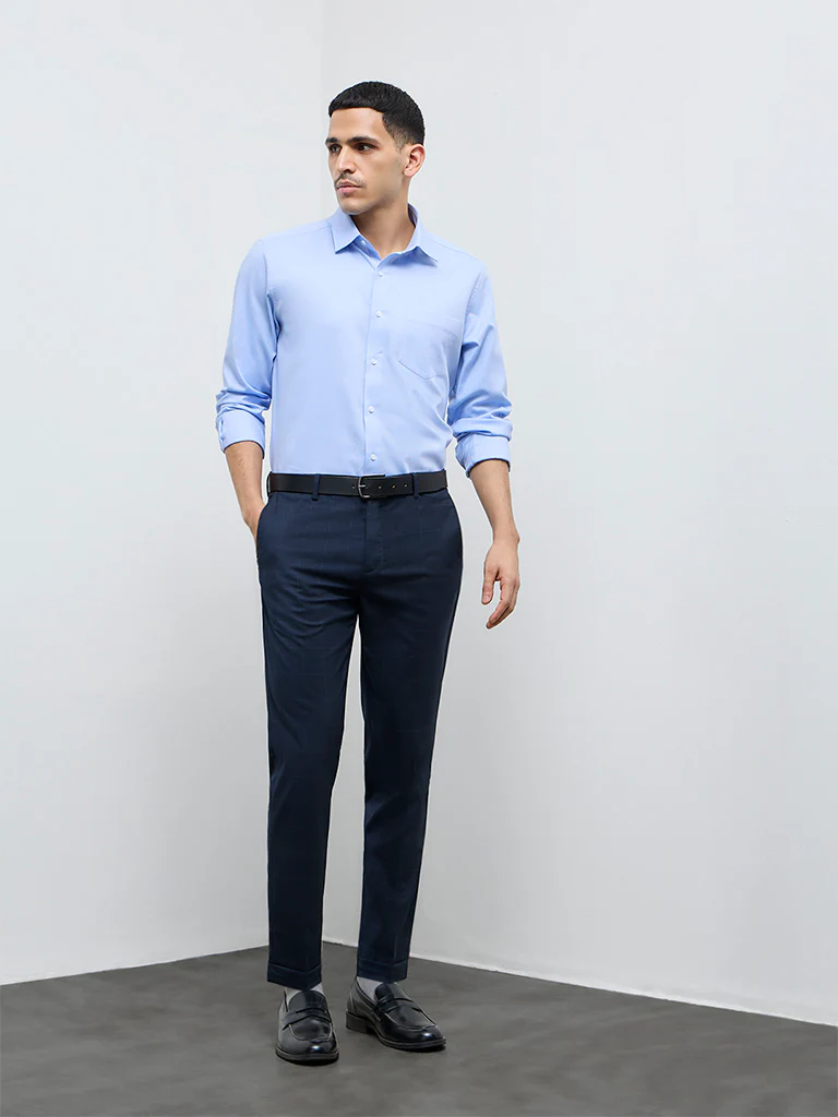WES Formals Navy Check Mid-Rise Slim-Fit Trousers