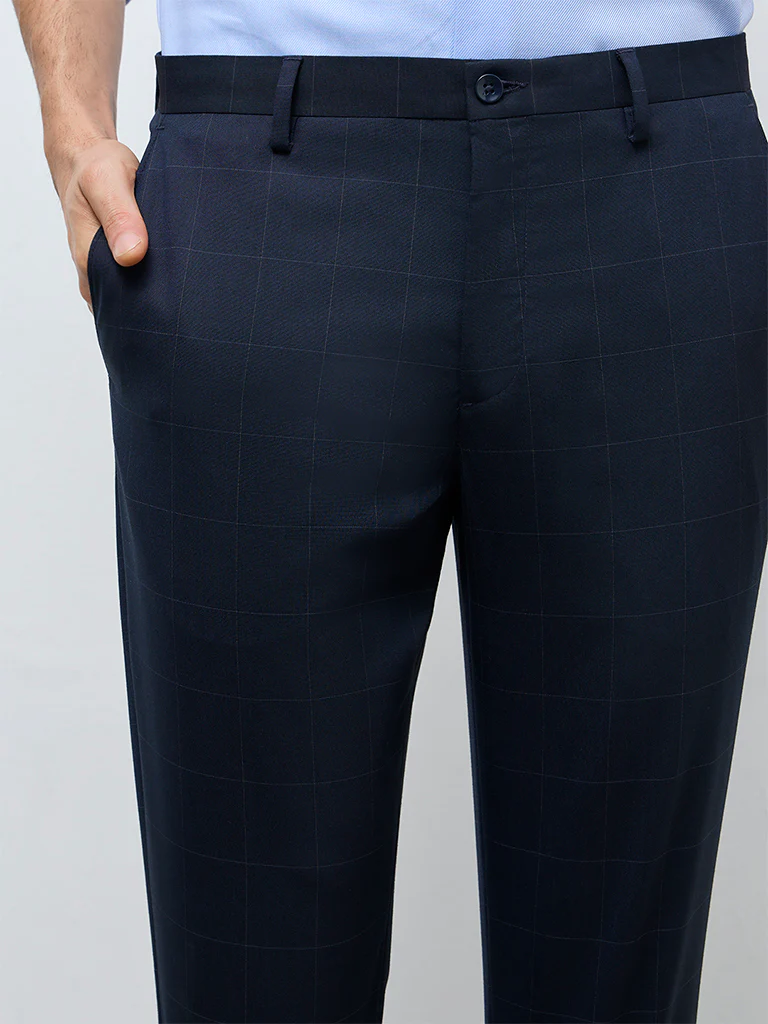 WES Formals Navy Check Mid-Rise Slim-Fit Trousers - Image 3
