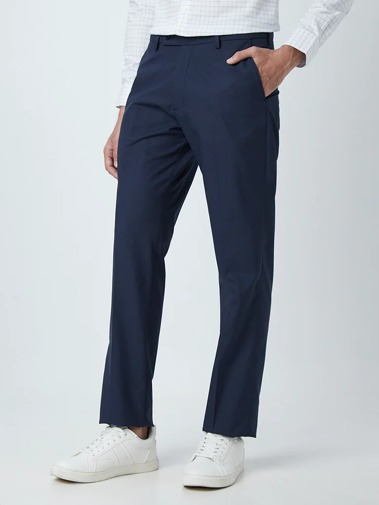 WES Formals Navy Checkered Relaxed-Fit Mid-Rise Trousers - Image 3