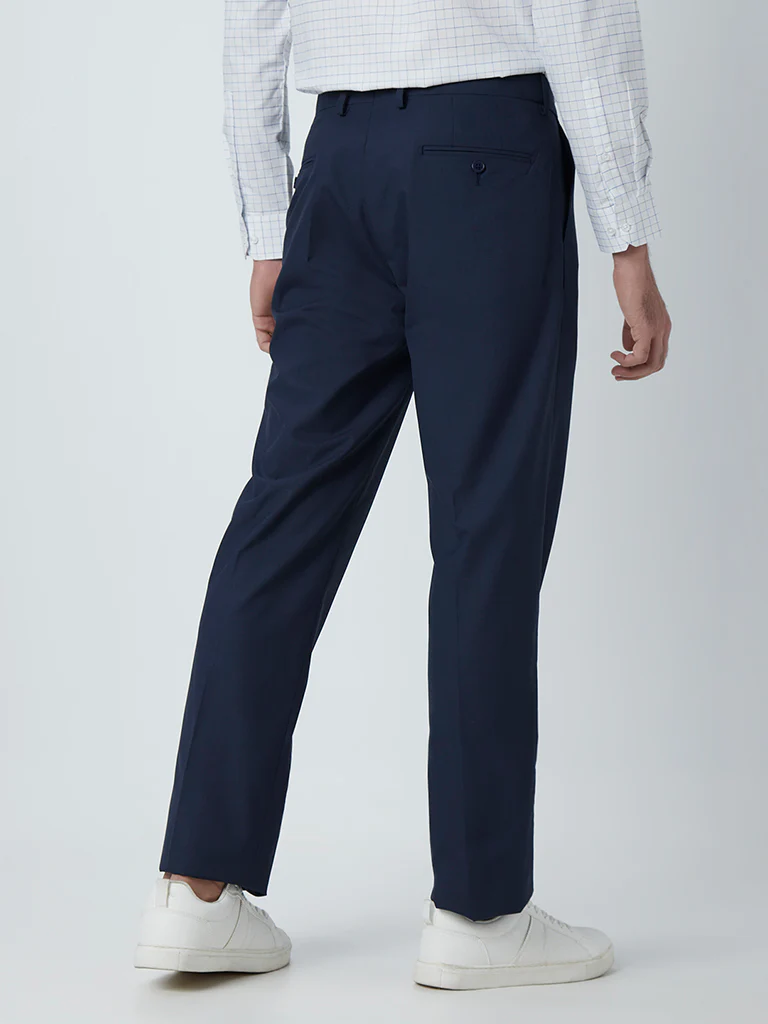 WES Formals Navy Checkered Relaxed-Fit Mid-Rise Trousers - Image 4