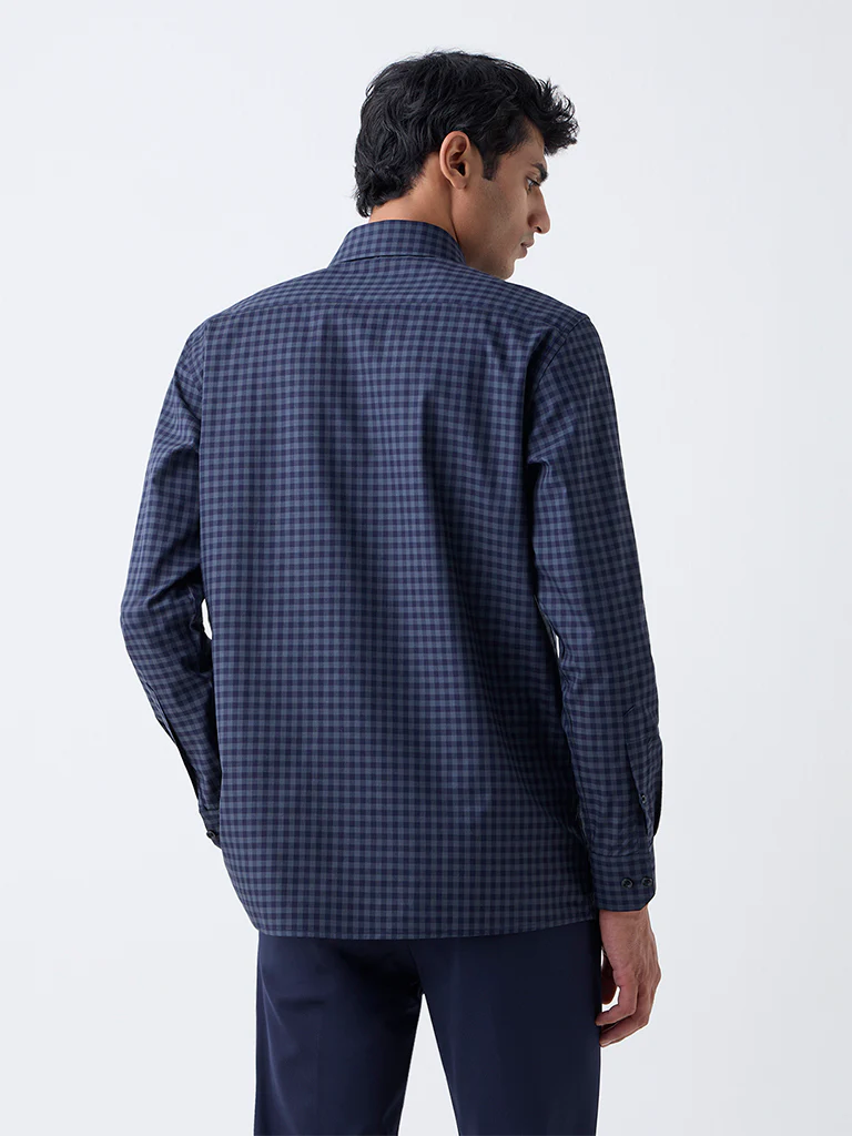 WES Formals Navy Checks Pattern Relaxed-Fit Cotton Shirt - Image 4