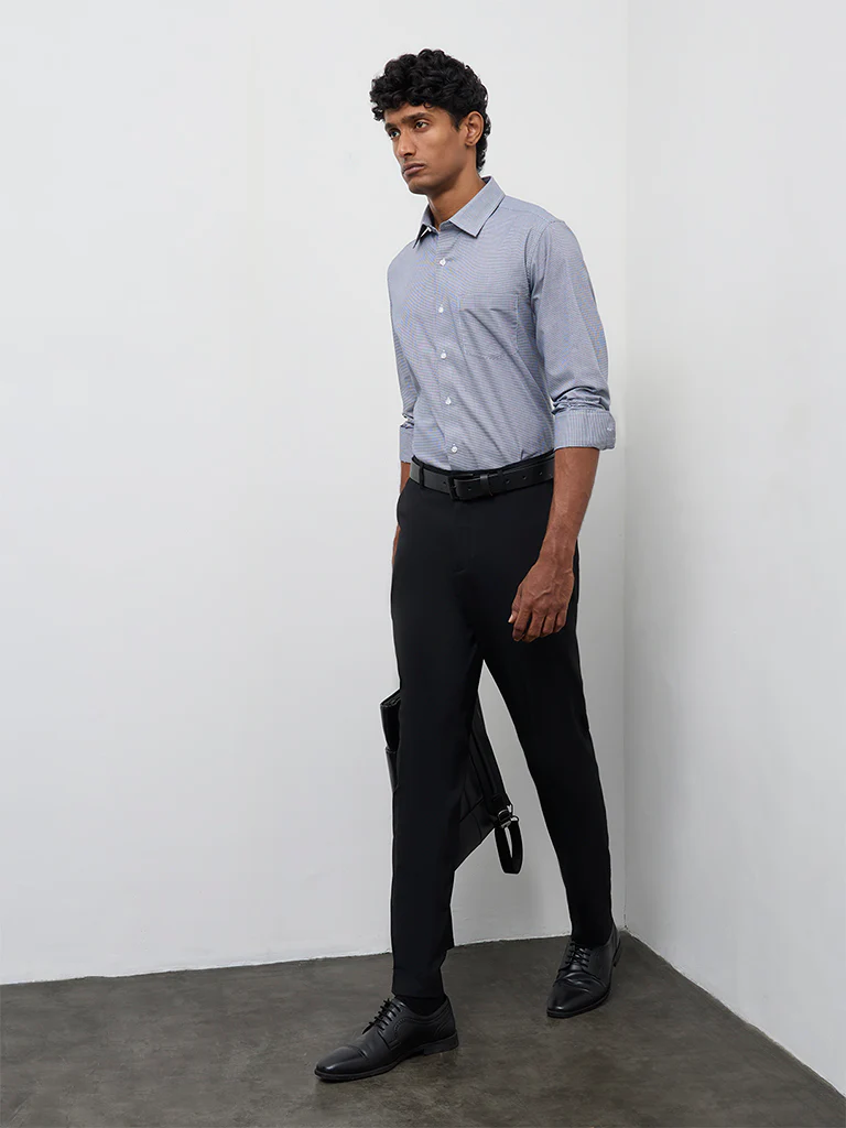 WES Formals Navy Houndstooth Printed Slim-Fit Cotton Shirt