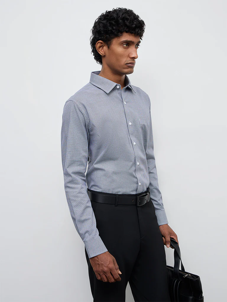 WES Formals Navy Houndstooth Printed Slim-Fit Cotton Shirt - Image 2