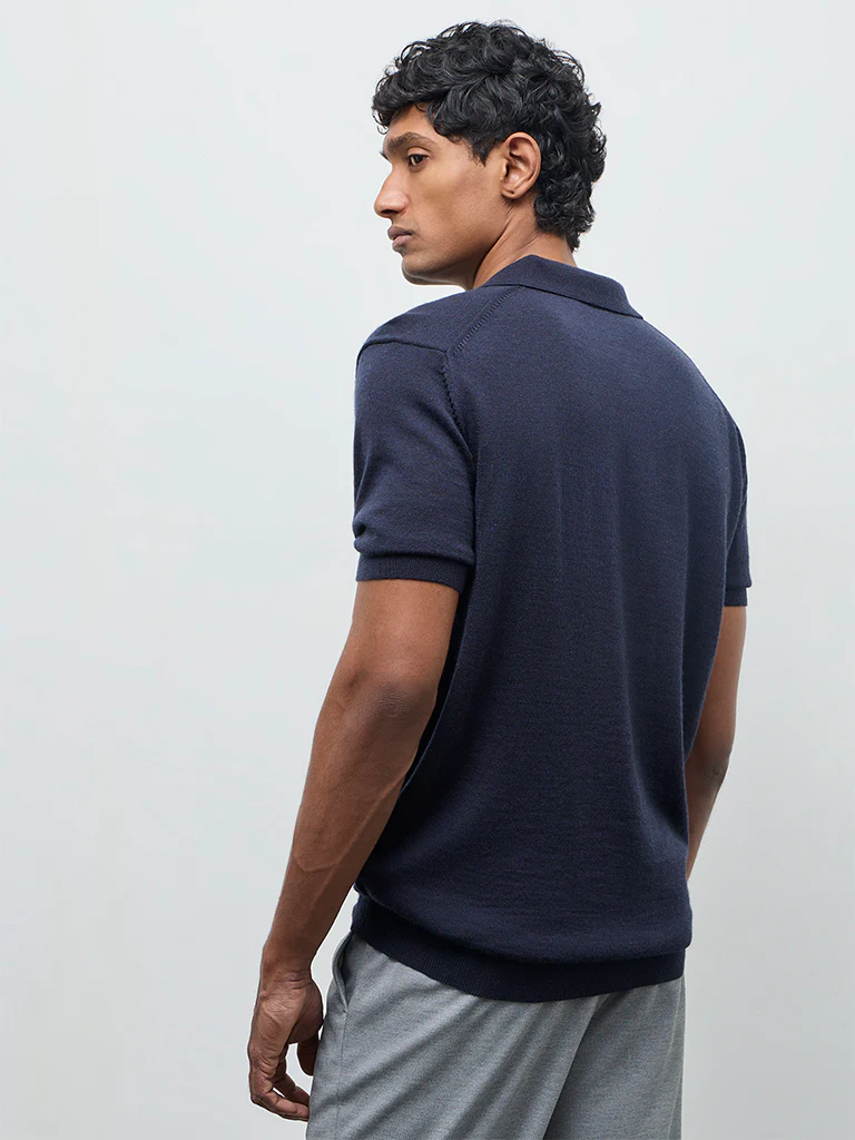 WES Formals Navy Knit-Textured Relaxed-Fit Polo T-Shirt - Image 5