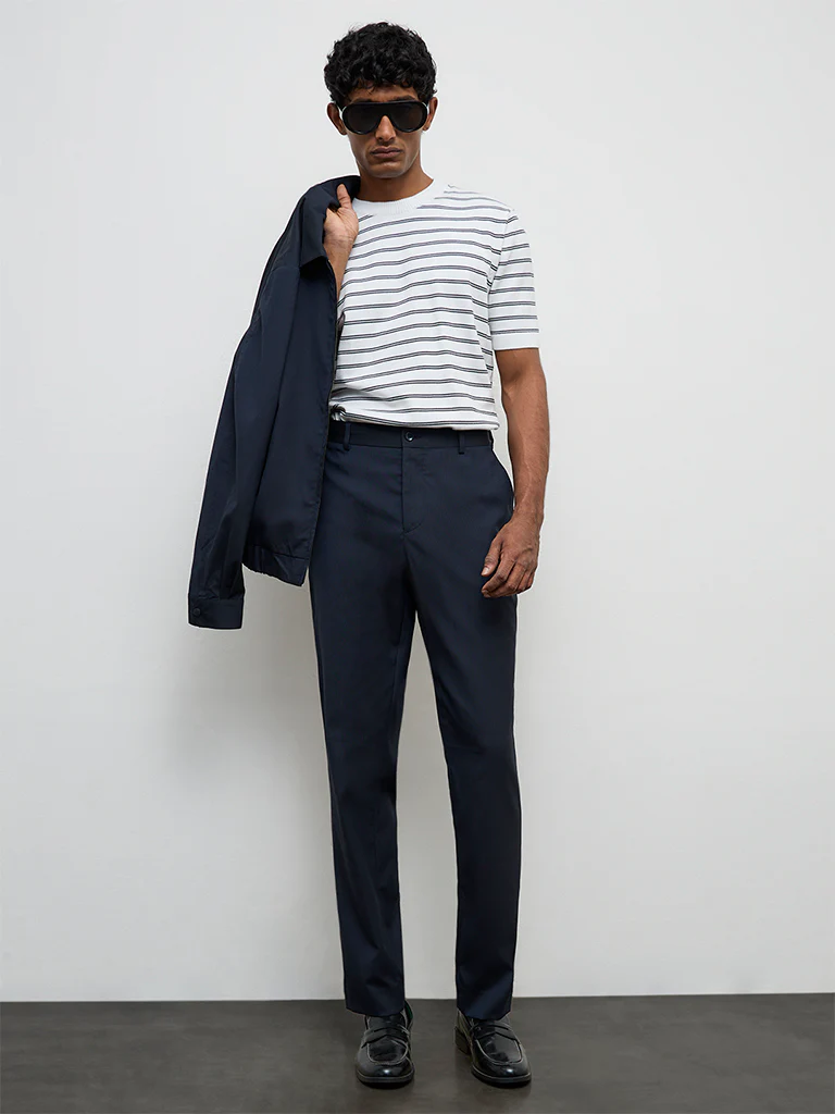 WES Formals Navy Pinstripe Relaxed-Fit Mid-Rise Trousers