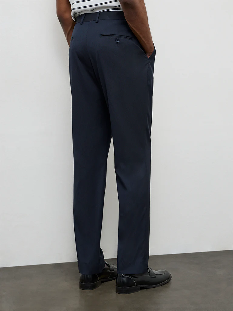 WES Formals Navy Pinstripe Relaxed-Fit Mid-Rise Trousers - Image 4