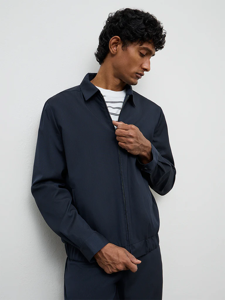 WES Formals Navy Pinstripe Slim-Fit Jacket