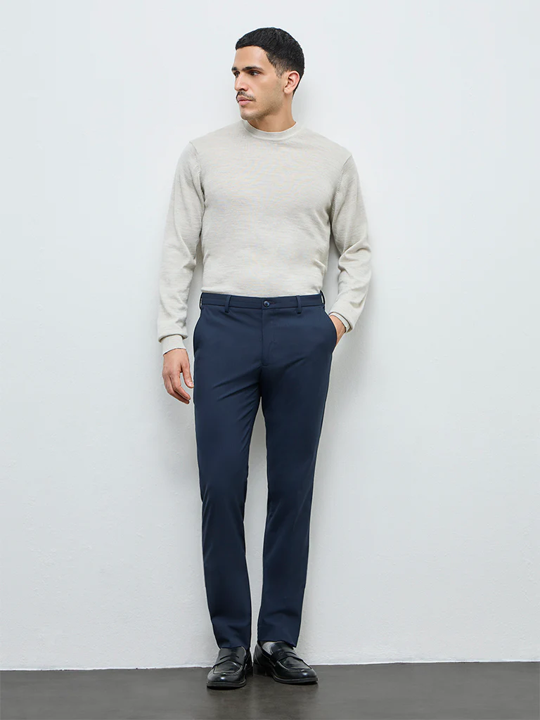 WES Formals Navy Pinstripe Ultra Slim-Fit Mid-Rise Trousers