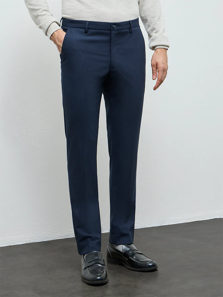 WES Formals Navy Pinstripe Ultra Slim-Fit Mid-Rise Trousers - Image 2