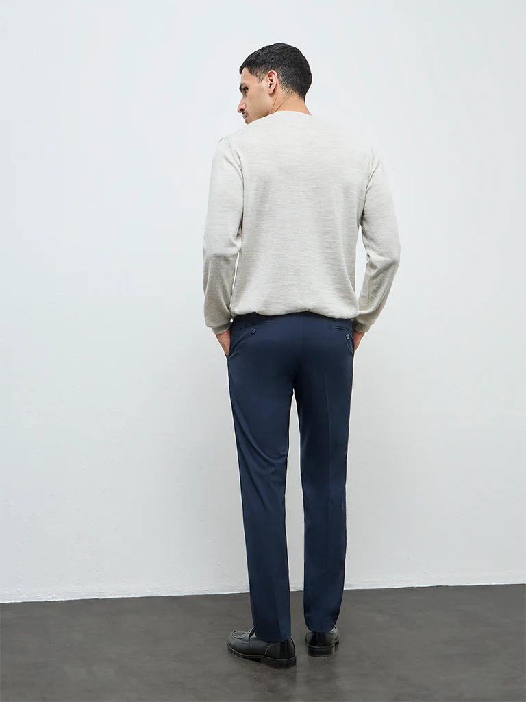 WES Formals Navy Pinstripe Ultra Slim-Fit Mid-Rise Trousers - Image 4