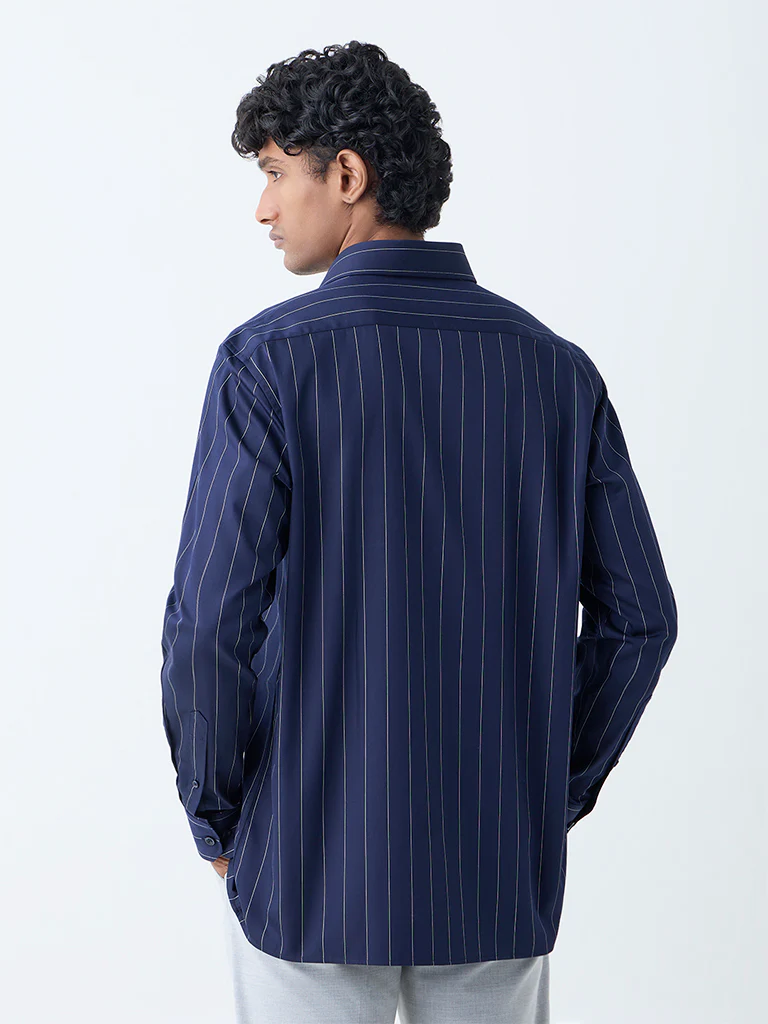 WES Formals Navy Pinstriped Relaxed-Fit Cotton Shirt - Image 4