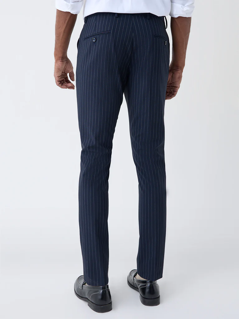 WES Formals Navy Pinstriped Slim-Fit Mid-Rise Trousers - Image 4