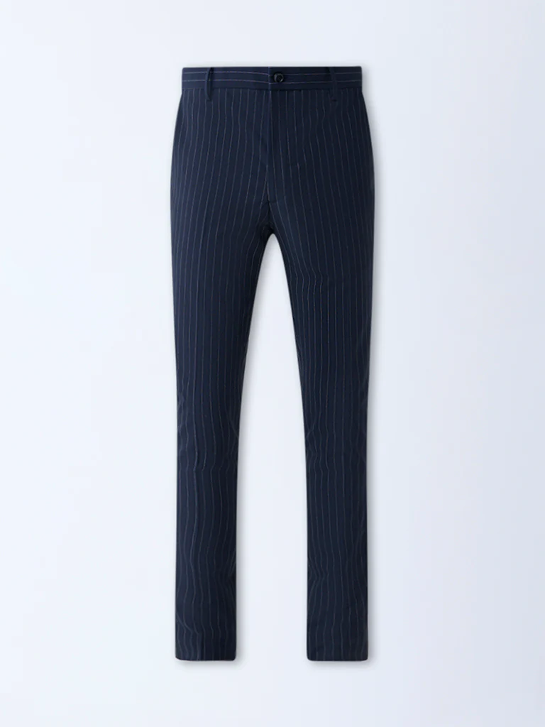 WES Formals Navy Pinstriped Slim-Fit Mid-Rise Trousers - Image 5