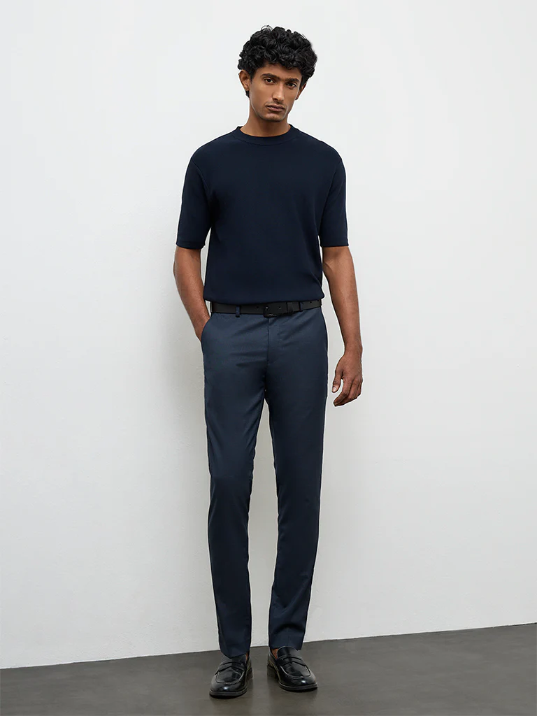 WES Formals Navy Printed Ultra Slim-Fit Mid-Rise Trousers