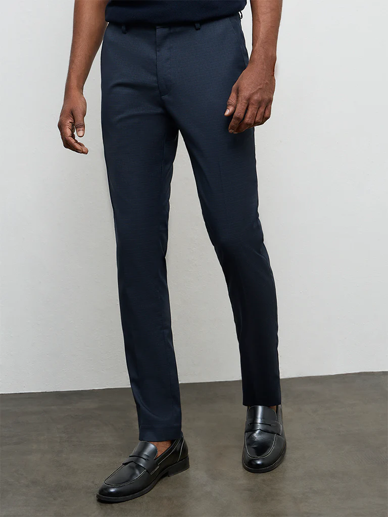 WES Formals Navy Printed Ultra Slim-Fit Mid-Rise Trousers - Image 2
