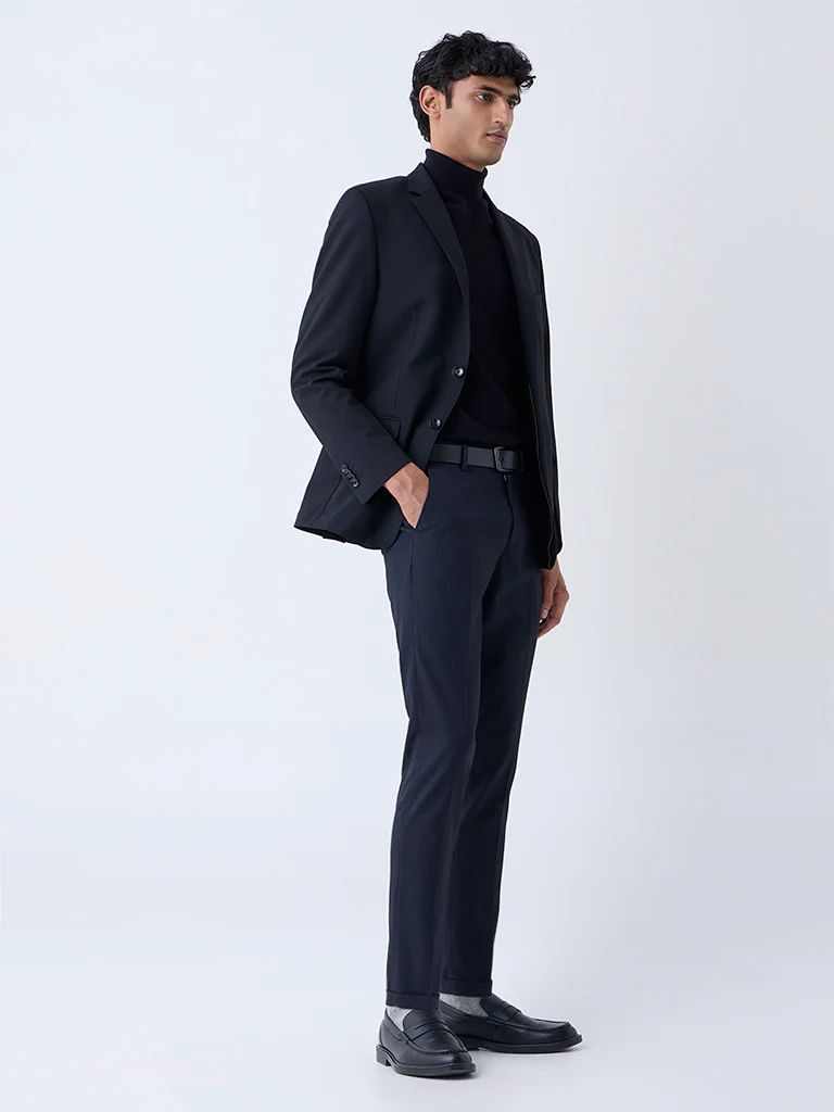 WES Formals Navy Self-Striped Slim-Fit Mid-Rise Trousers