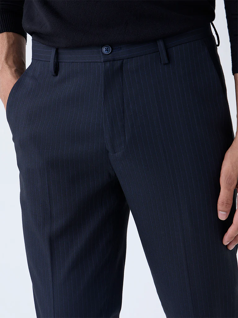 WES Formals Navy Self-Striped Slim-Fit Mid-Rise Trousers - Image 3