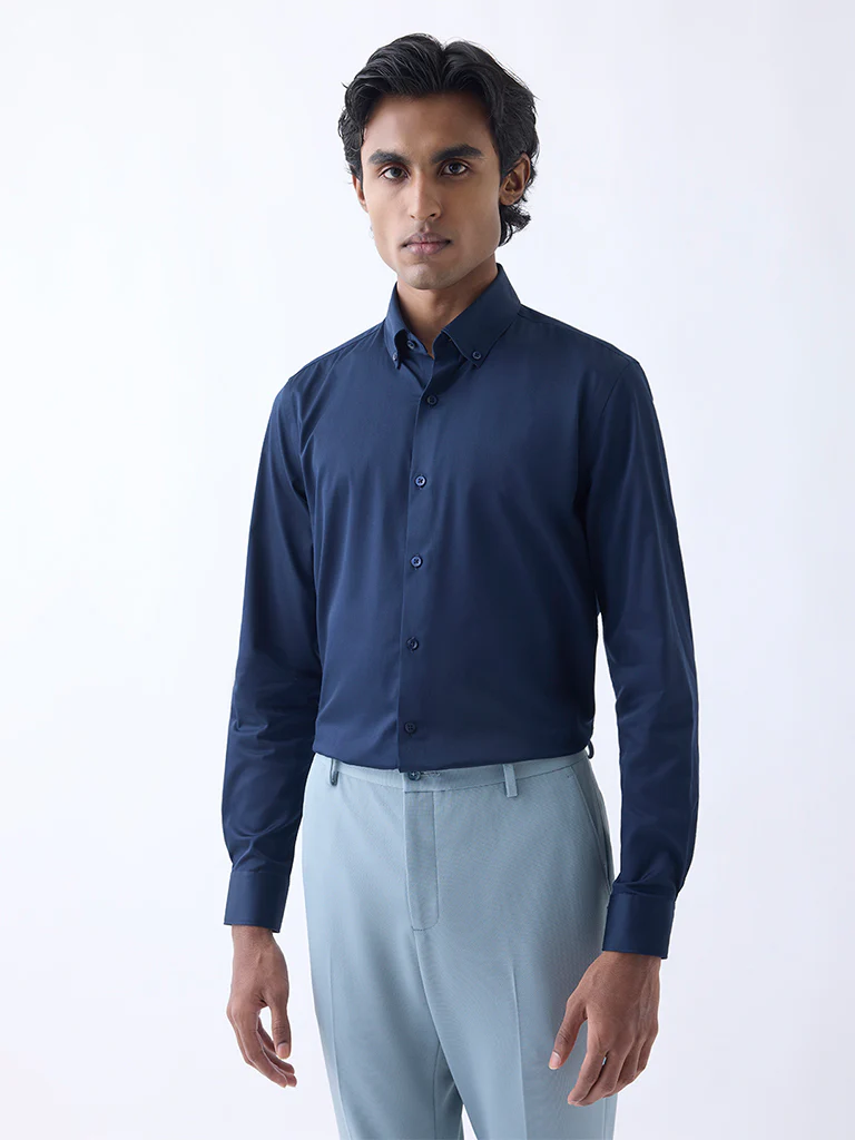 WES Formals Navy Slim-Fit Cotton-Blend Shirt