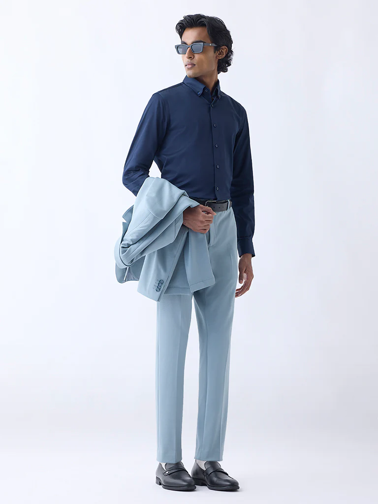 WES Formals Navy Slim-Fit Cotton-Blend Shirt - Image 4
