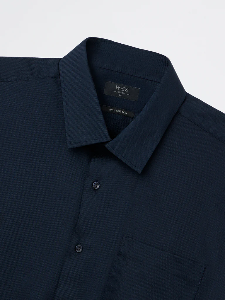 WES Formals Navy Slim-Fit Cotton Shirt - Image 3