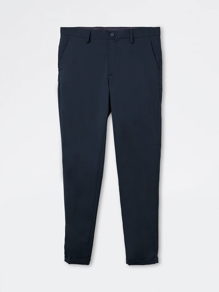 WES Formals Navy Slim-Fit Mid-Rise Trousers