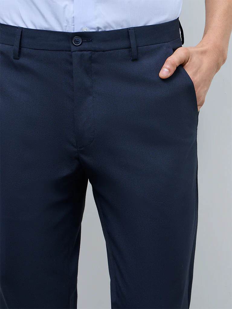 WES Formals Navy Slim-Fit Mid-Rise Trousers - Image 3