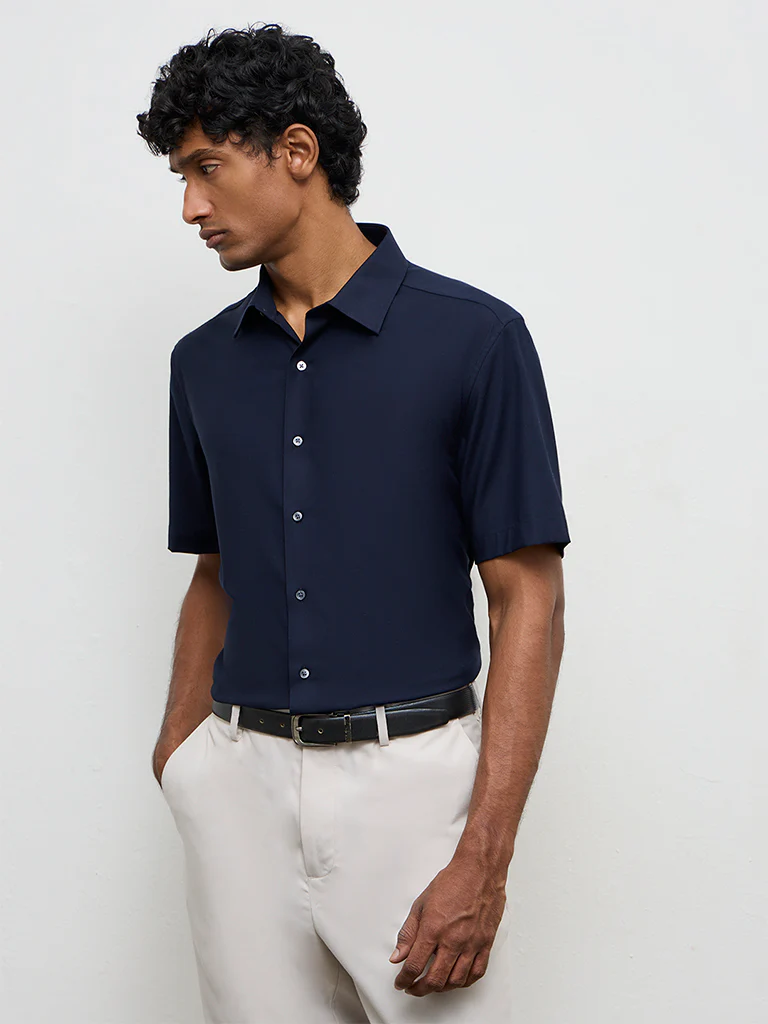 WES Formals Navy Slim-Fit Shirt