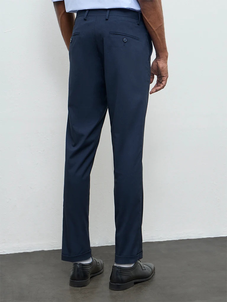 WES Formals Navy Solid Carrot Fit Mid-Rise Trousers - Image 5