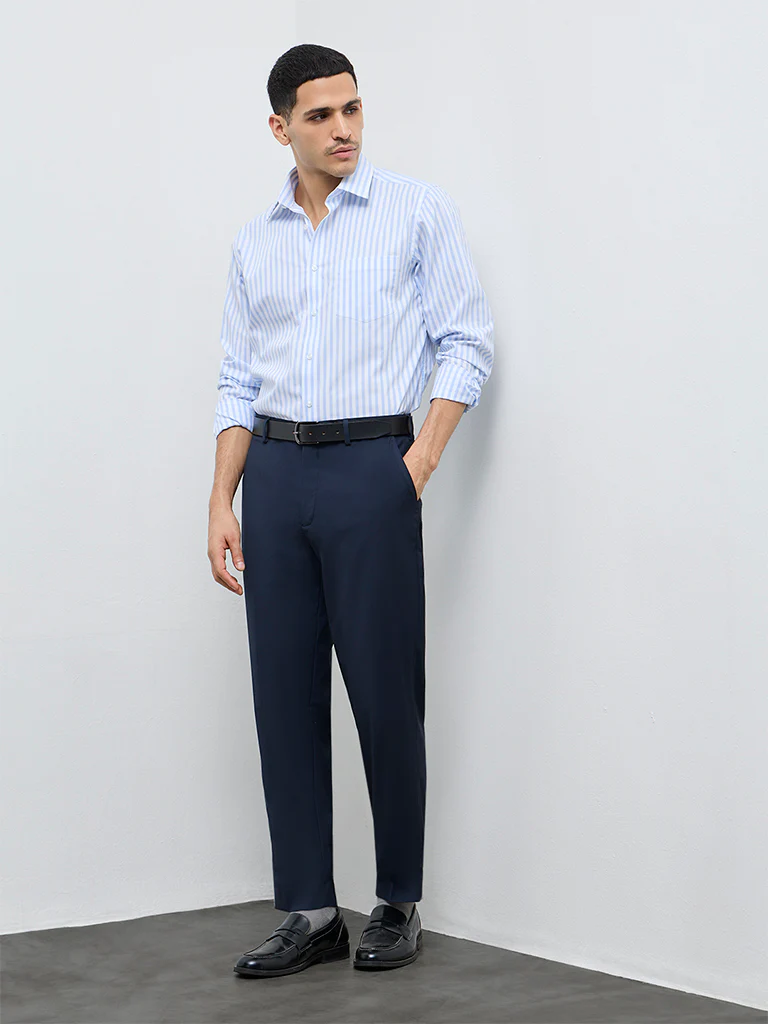 WES Formals Navy Solid Mid-Rise Slim-Fit Trousers