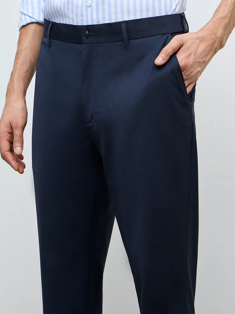 WES Formals Navy Solid Mid-Rise Slim-Fit Trousers - Image 4