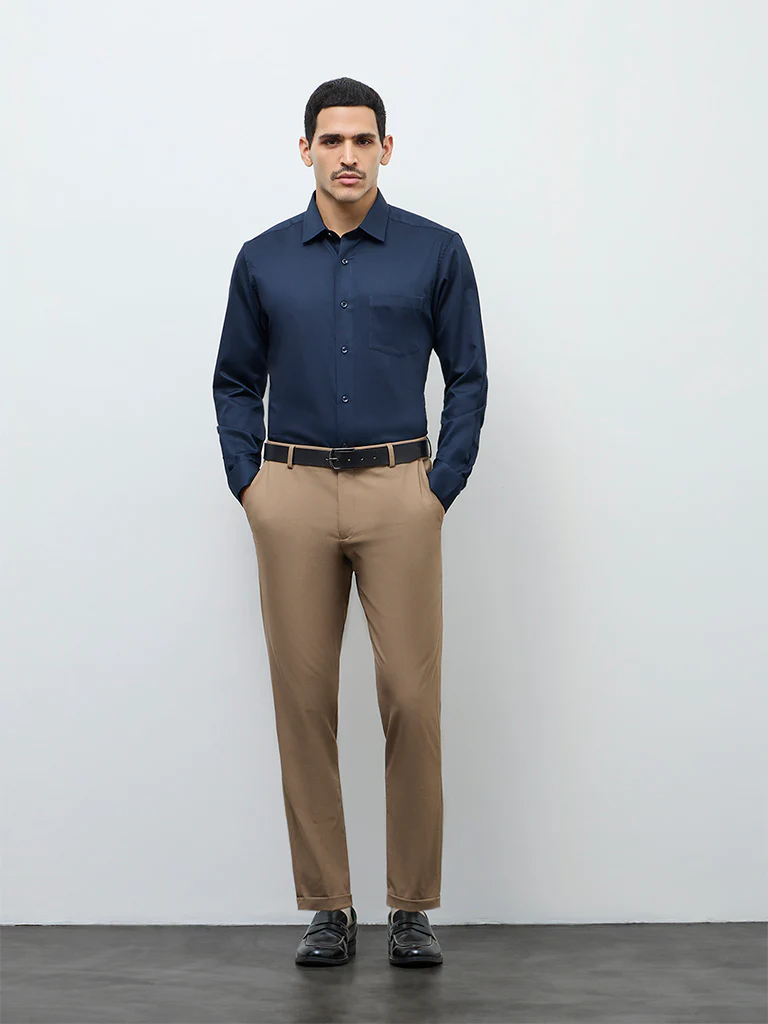 WES Formals Navy Solid Relaxed-Fit Cotton Shirt