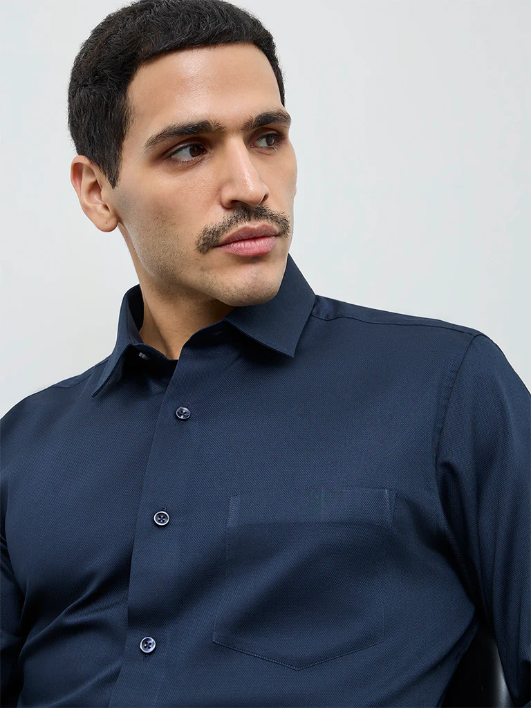 WES Formals Navy Solid Relaxed-Fit Cotton Shirt - Image 4