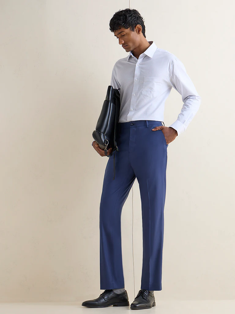 WES Formals Navy Solid Relaxed-Fit Mid-Rise Trousers - Image 2
