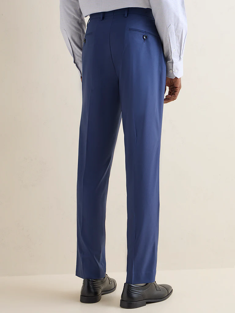 WES Formals Navy Solid Relaxed-Fit Mid-Rise Trousers - Image 4