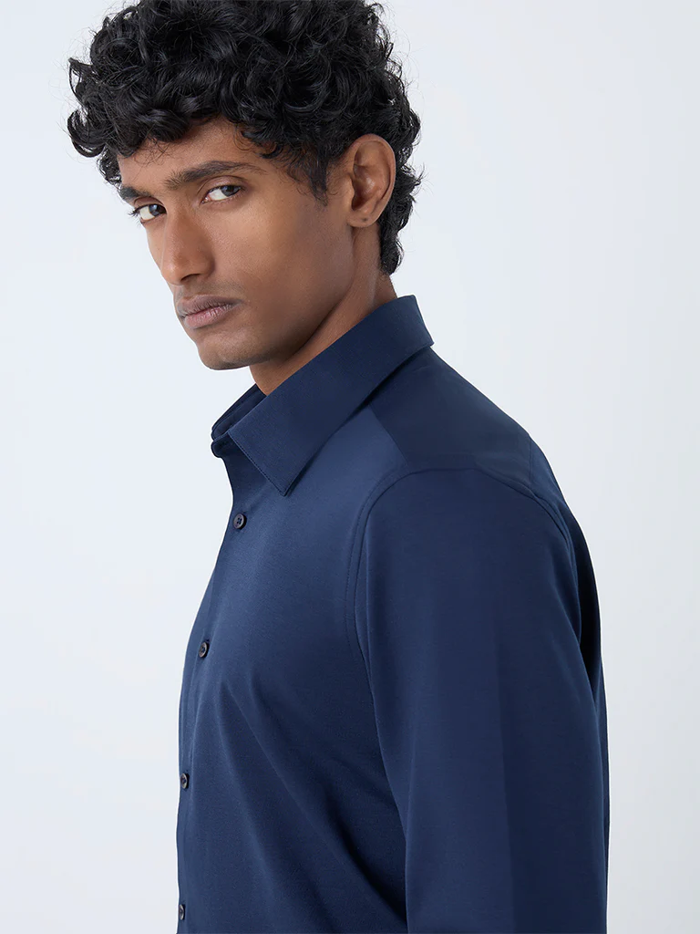 WES Formals Navy Solid Slim-Fit Cotton-Blend Shirt - Image 3