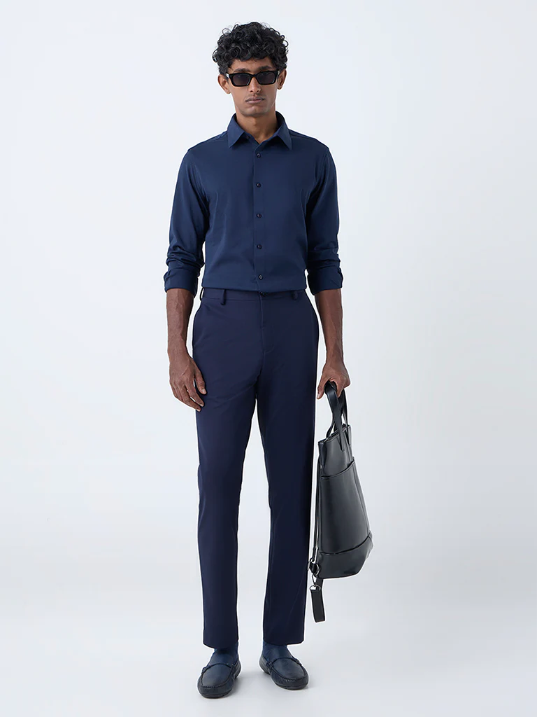 WES Formals Navy Solid Slim-Fit Cotton-Blend Shirt - Image 4