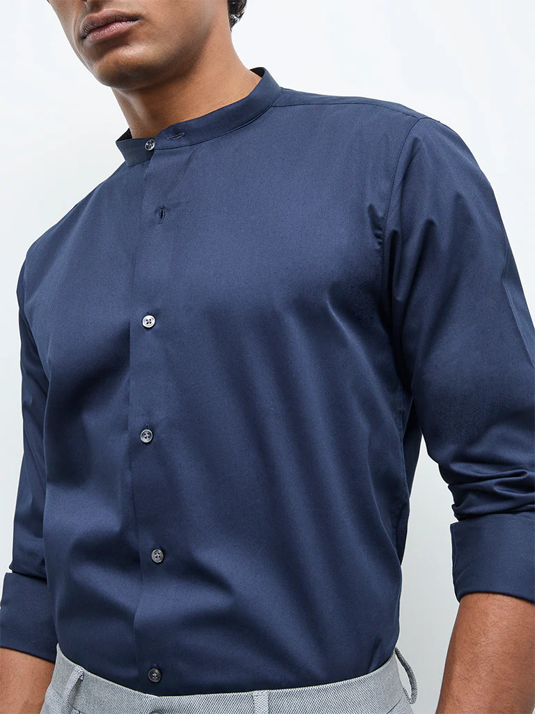 WES Formals Navy Solid Slim-Fit Cotton-Blend Shirt - Image 3