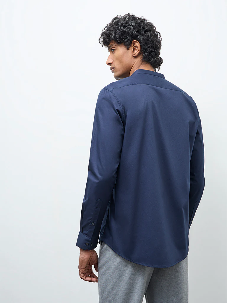 WES Formals Navy Solid Slim-Fit Cotton-Blend Shirt - Image 4