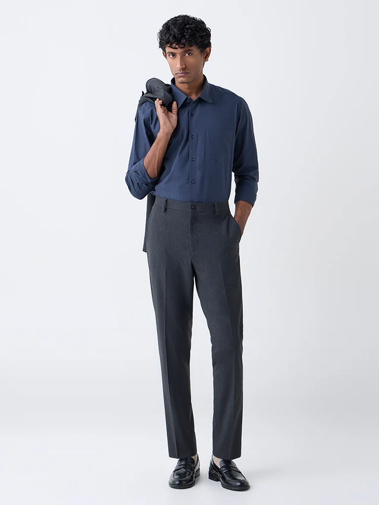 WES Formals Navy Solid Slim-Fit Cotton Shirt - Image 3
